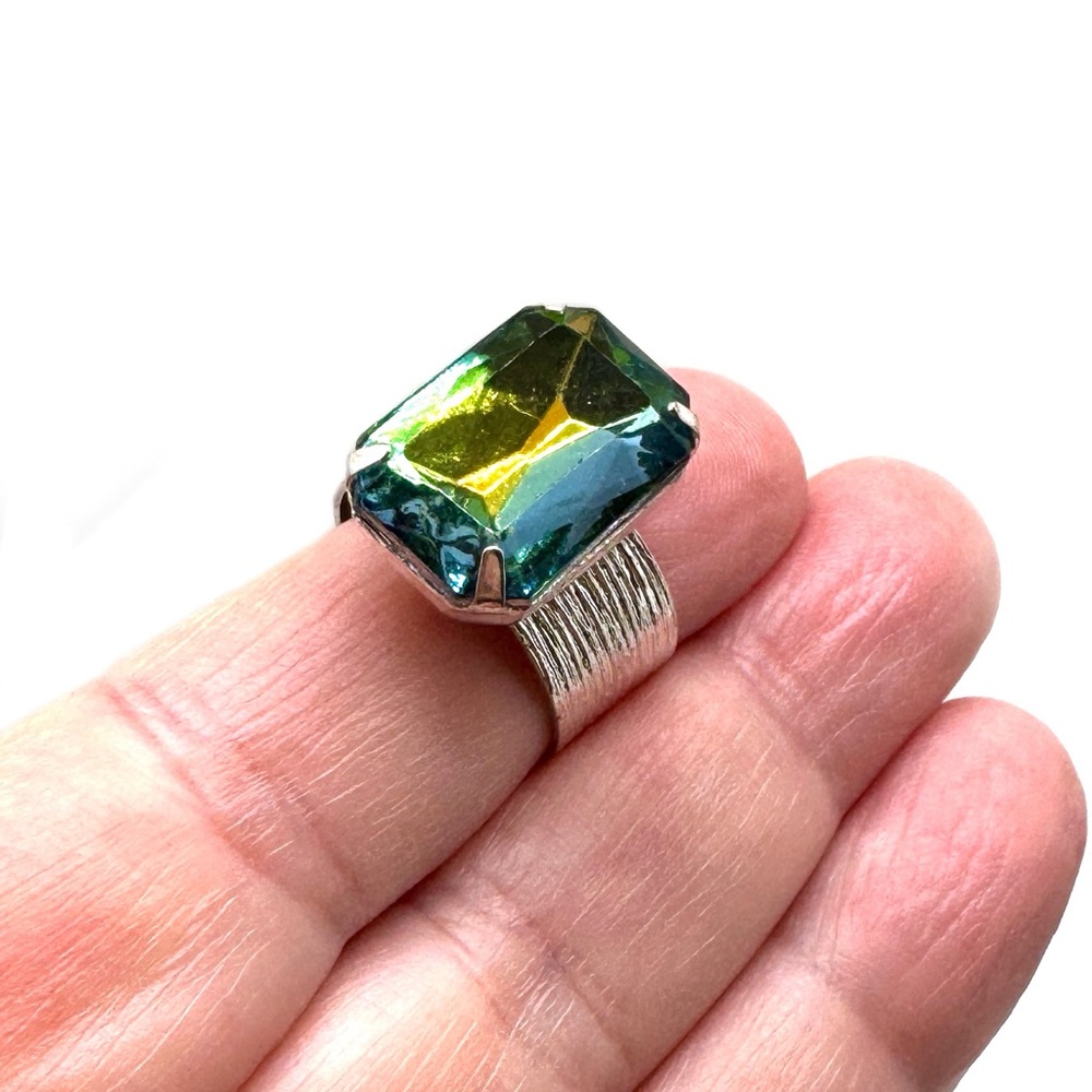 Large Adjustable Cocktail Ring Faceted Glass Wide Band